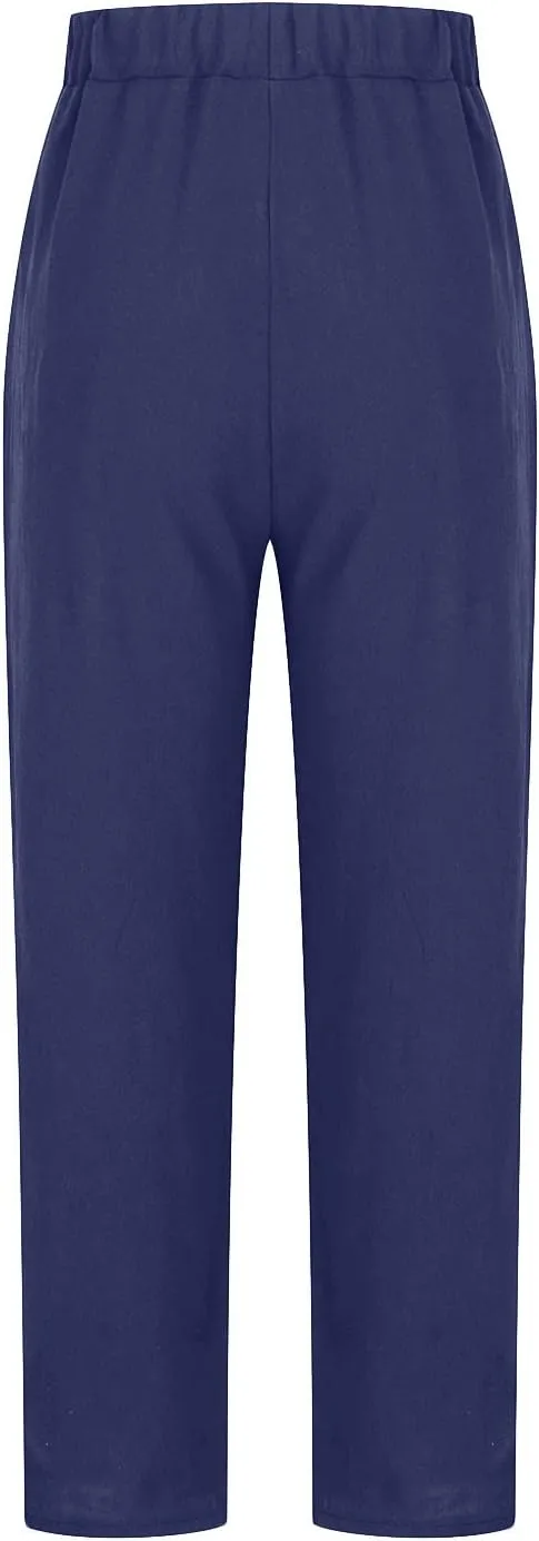DASAYO Womens Linen Pants Elastic Wasit Straight Leg Casual Pants Ladies Loose Fit Comfy Trousers with Pockets Summer Fashion