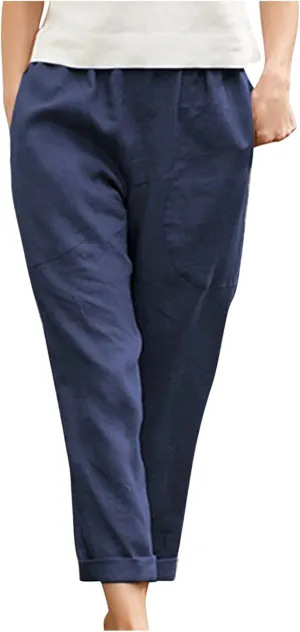 DASAYO Womens Linen Pants Elastic Wasit Straight Leg Casual Pants Ladies Loose Fit Comfy Trousers with Pockets Summer Fashion