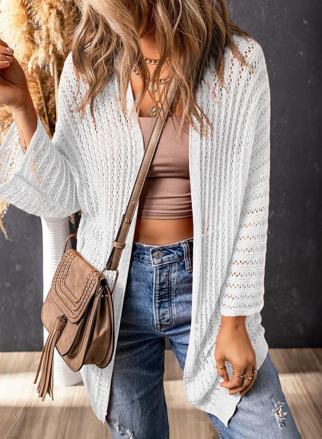 Dokotoo Summer Lightweight Cardigan 2024 Spring Fashion 3/4 Length Sleeve Hollow-Out Knit Beach Cover Ups Cardigans