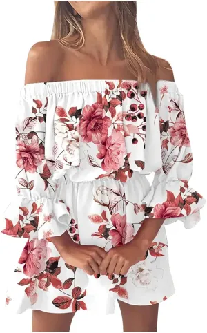 Eduavar Summer Dresses for Women 2024, Beach Dresses for Women 2024 Vacation Sexy Off Shoulder Mini Dress Casual Loose Dress