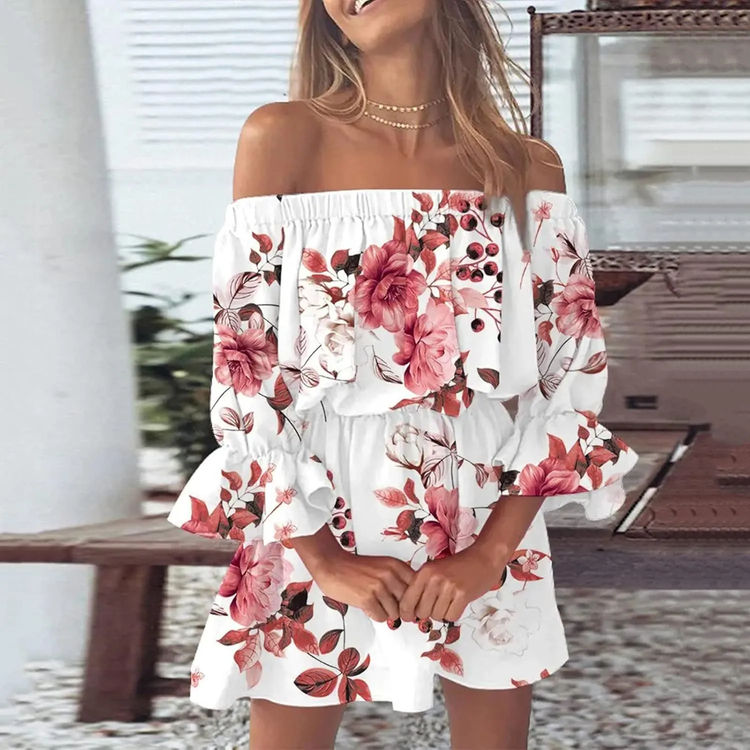 Eduavar Summer Dresses for Women 2024, Beach Dresses for Women 2024 Vacation Sexy Off Shoulder Mini Dress Casual Loose Dress