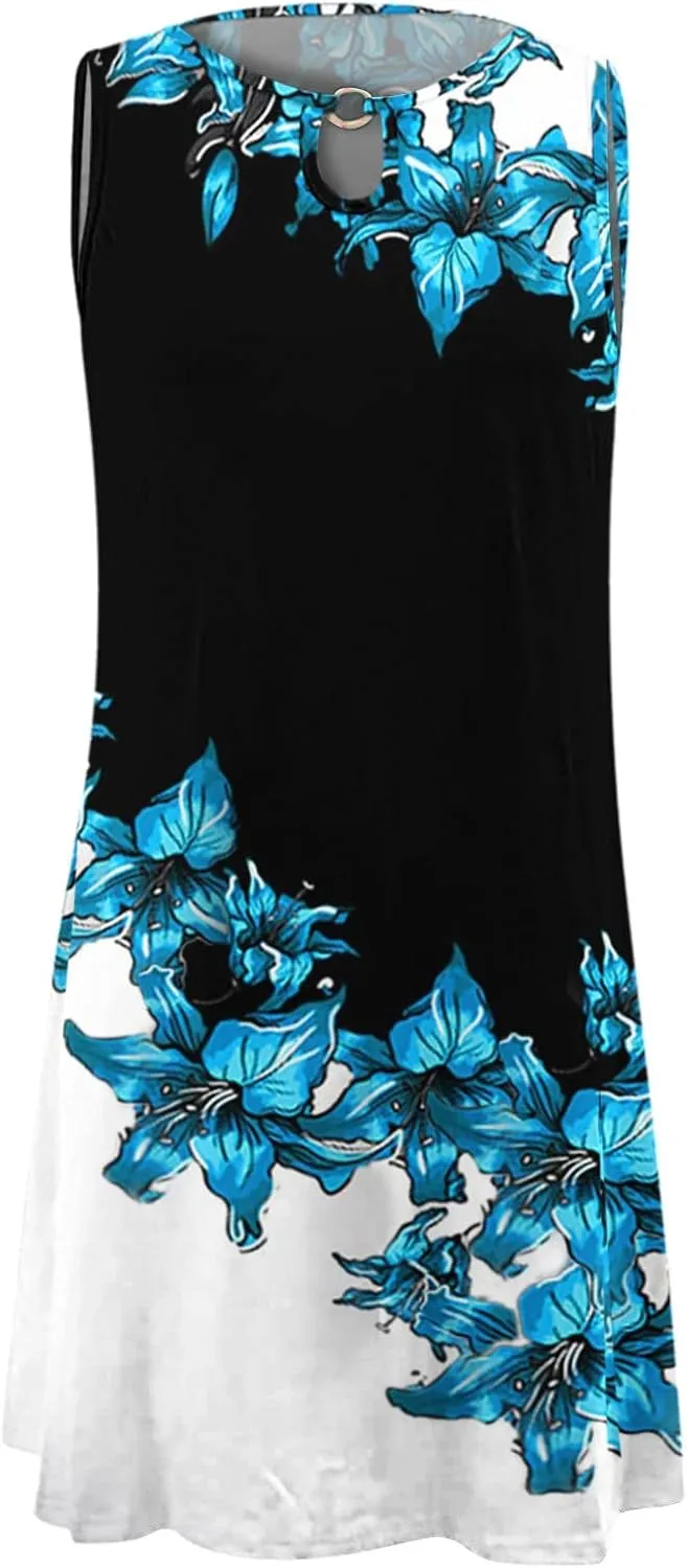 Eduavar Summer Dresses for Women 2024, Boho Dresses for Women 2024 Floral Print Sleeveless Tank Dress Summer Beach Mini Dress