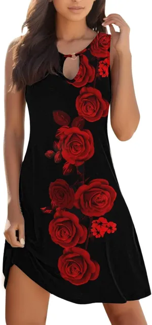 Eduavar Summer Dresses for Women 2024, Mini Dresses for Women Summer Beach Tank Dress Floral Print Hollow Out V Neck Dress