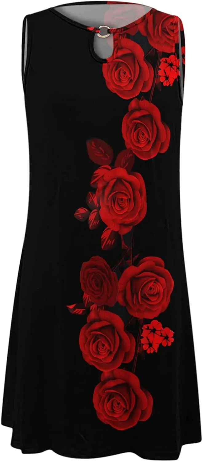 Eduavar Summer Dresses for Women 2024, Mini Dresses for Women Summer Beach Tank Dress Floral Print Hollow Out V Neck Dress