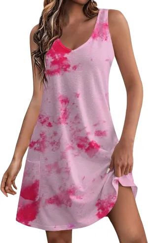 FlekmanArt Summer Dresses for Women 2025 A-Line Printing Tank Dresses V Neck Sleeveless Vacation Minidresses Beach Sundresses