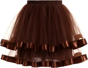 FlekmanArt Women's Pink Tulle Petticoat Puffy Tutu Skirt Layered Ballet Tulle Midi Knee Length Skirt Underskirt