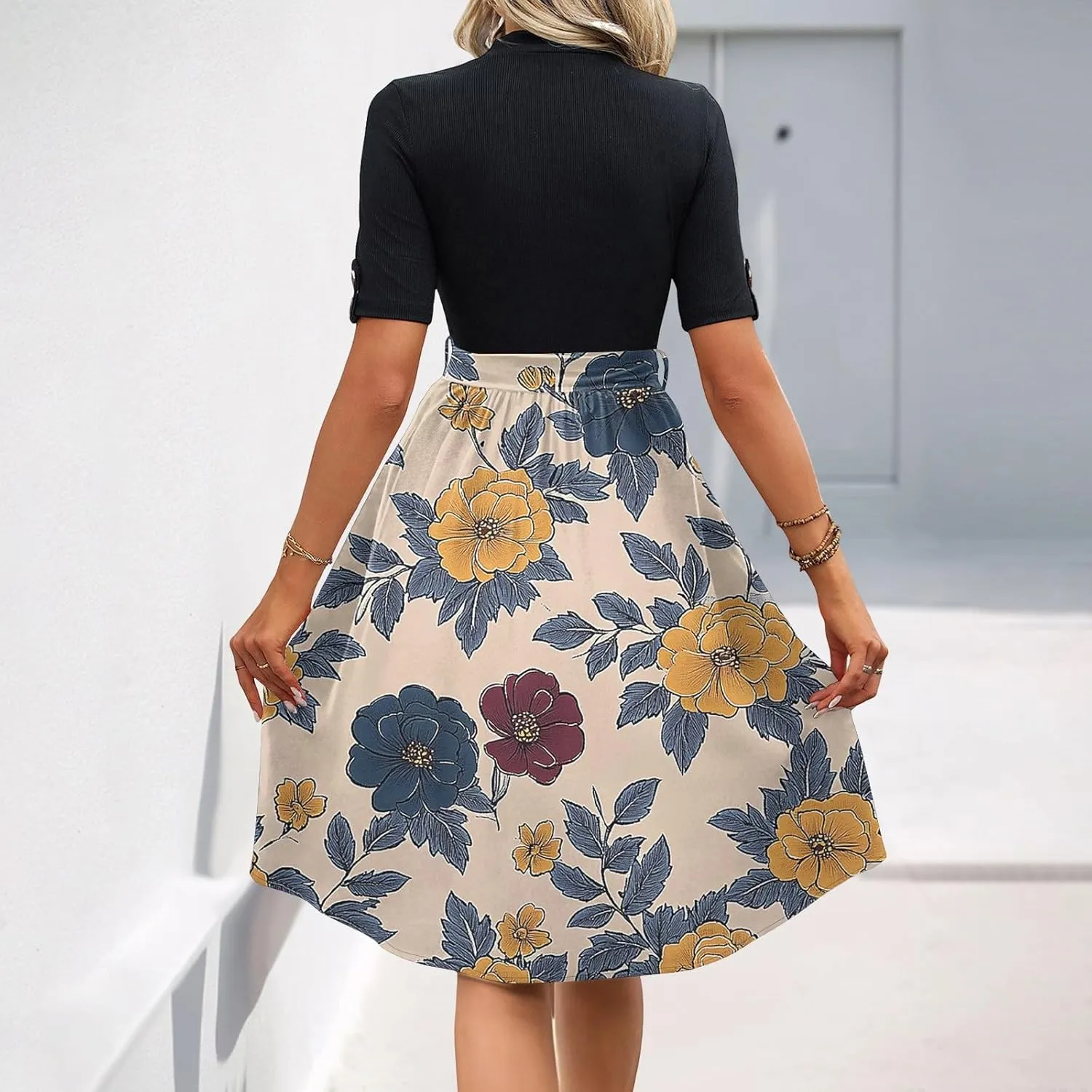 Floral Dresses Flowy Short Sleeve Empire Waist Summer Crewneck Midi Length Fashion Belted Sundresses for Women