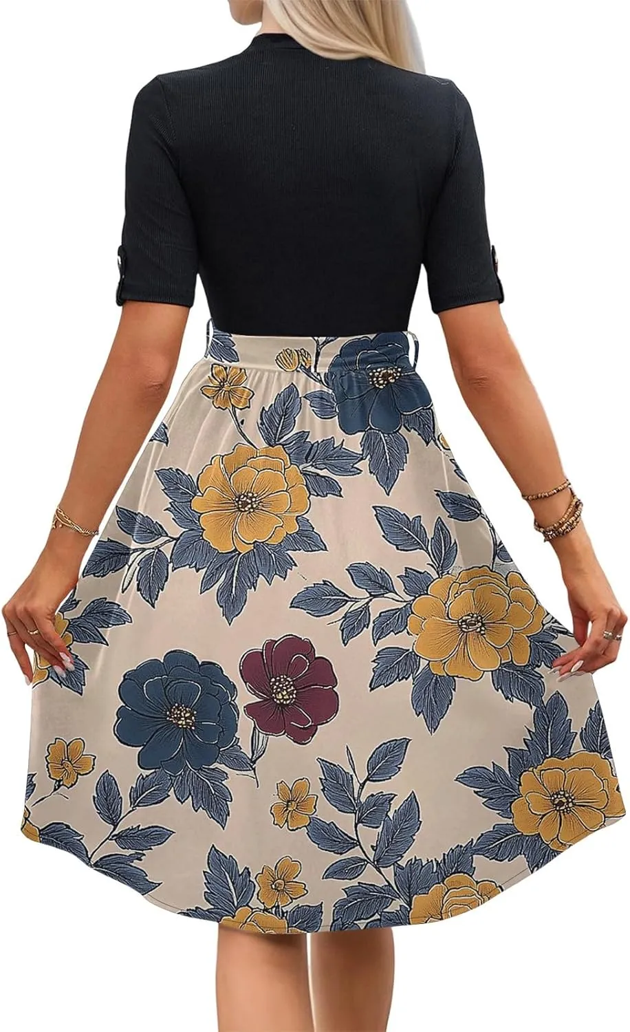 Floral Dresses Flowy Short Sleeve Empire Waist Summer Crewneck Midi Length Fashion Belted Sundresses for Women