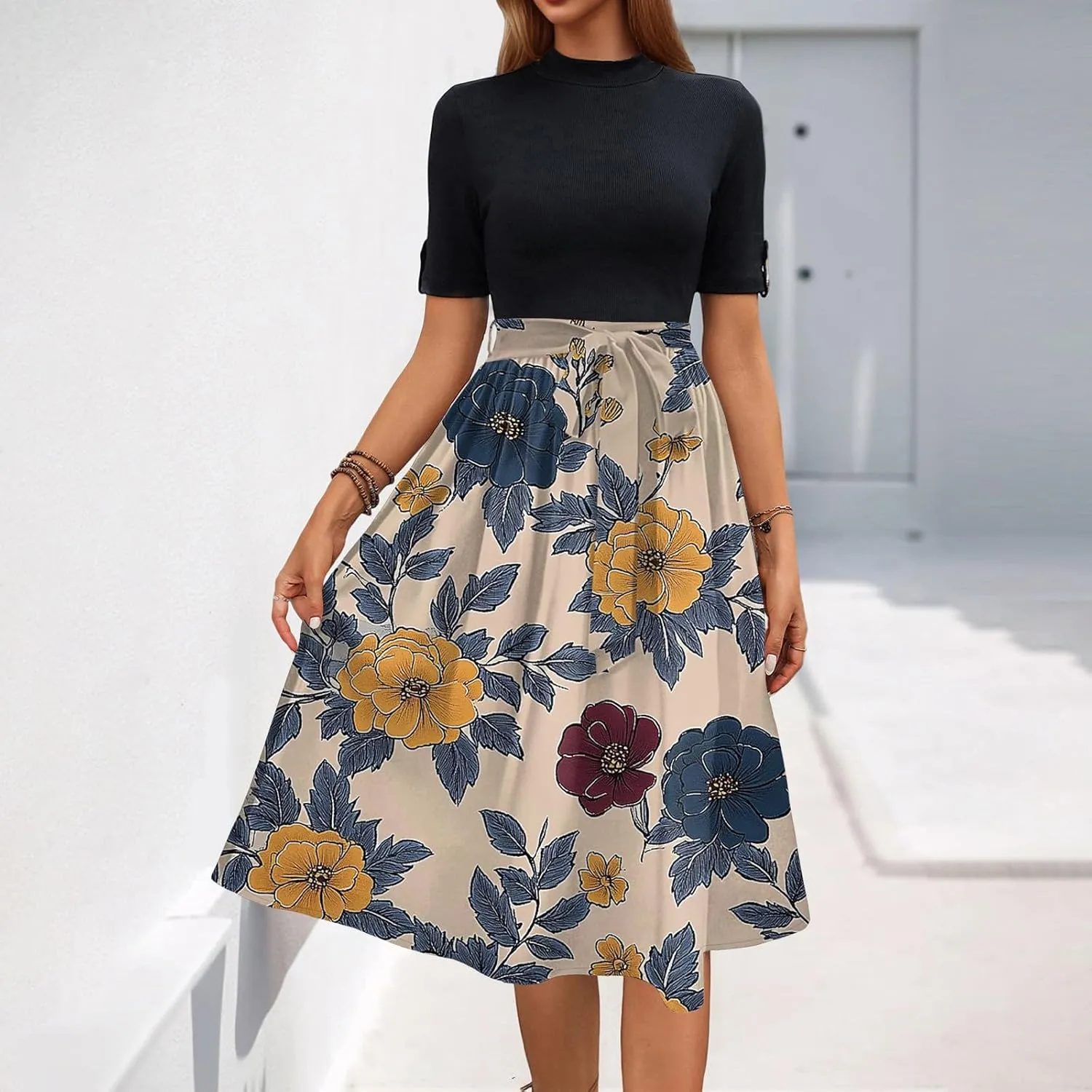 Floral Dresses Flowy Short Sleeve Empire Waist Summer Crewneck Midi Length Fashion Belted Sundresses for Women