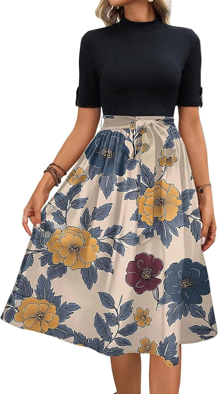 Floral Dresses Flowy Short Sleeve Empire Waist Summer Crewneck Midi Length Fashion Belted Sundresses for Women