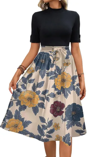 Floral Dresses Flowy Short Sleeve Empire Waist Summer Crewneck Midi Length Fashion Belted Sundresses for Women
