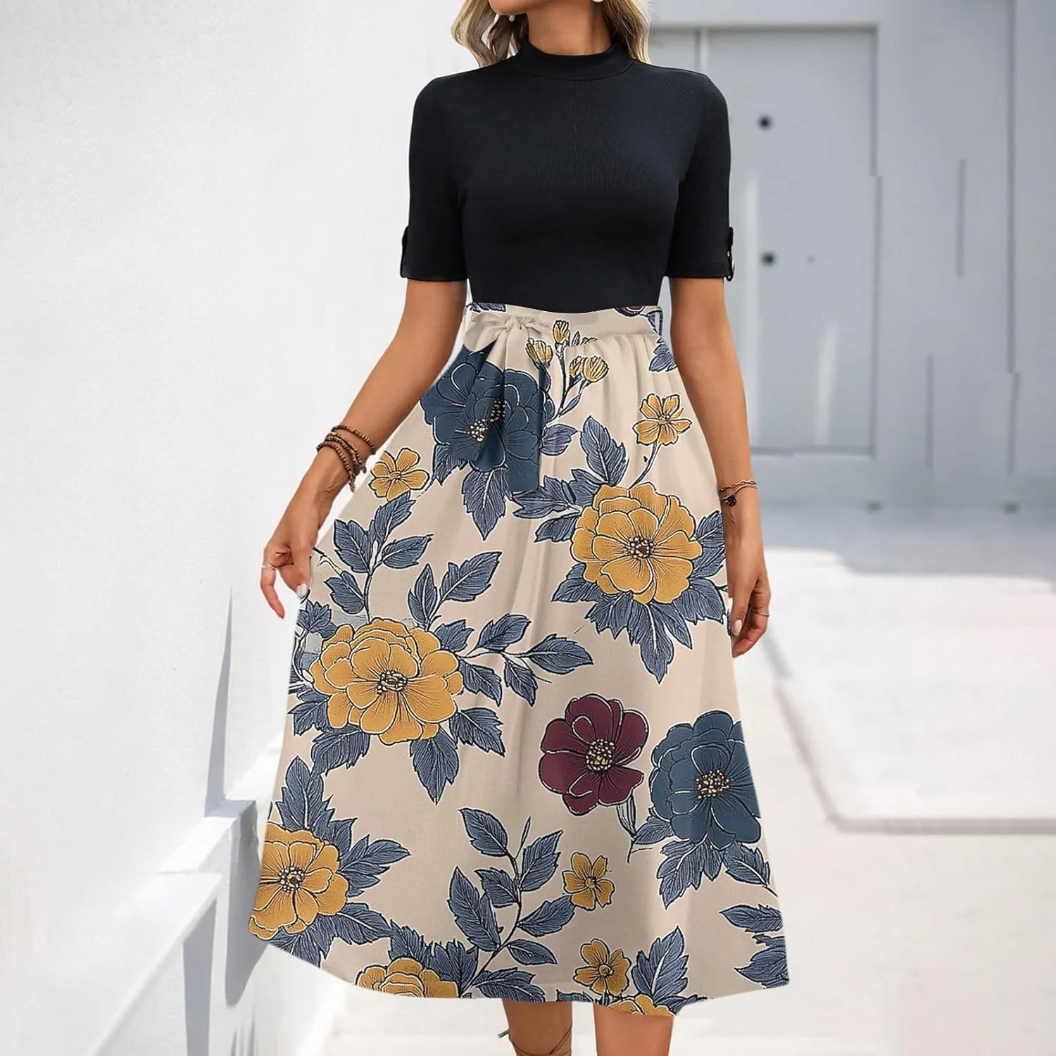 Floral Dresses Flowy Short Sleeve Empire Waist Summer Crewneck Midi Length Fashion Belted Sundresses for Women