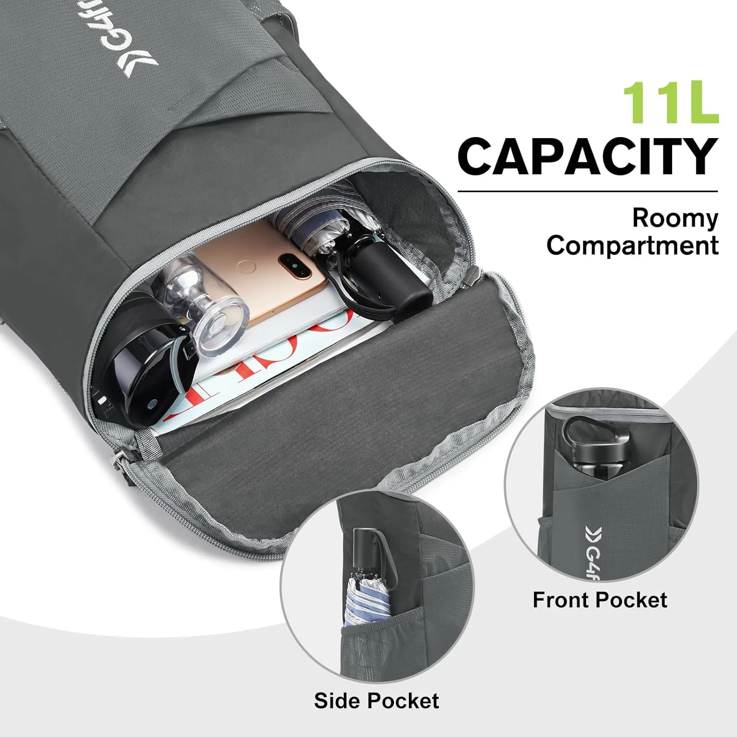 G4Free 11L Hiking Backpack Small Ultra light Packable Backpack Travel Bag for Women Men Casual Outdoor Camping Daypack (Dark Grey)
