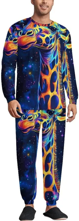 Galaxy Giraffe God Men's Pajamas Set Crew Neck Sleepwear Sets Top And Bottom Pjs Set Long Sleeve Loungewear