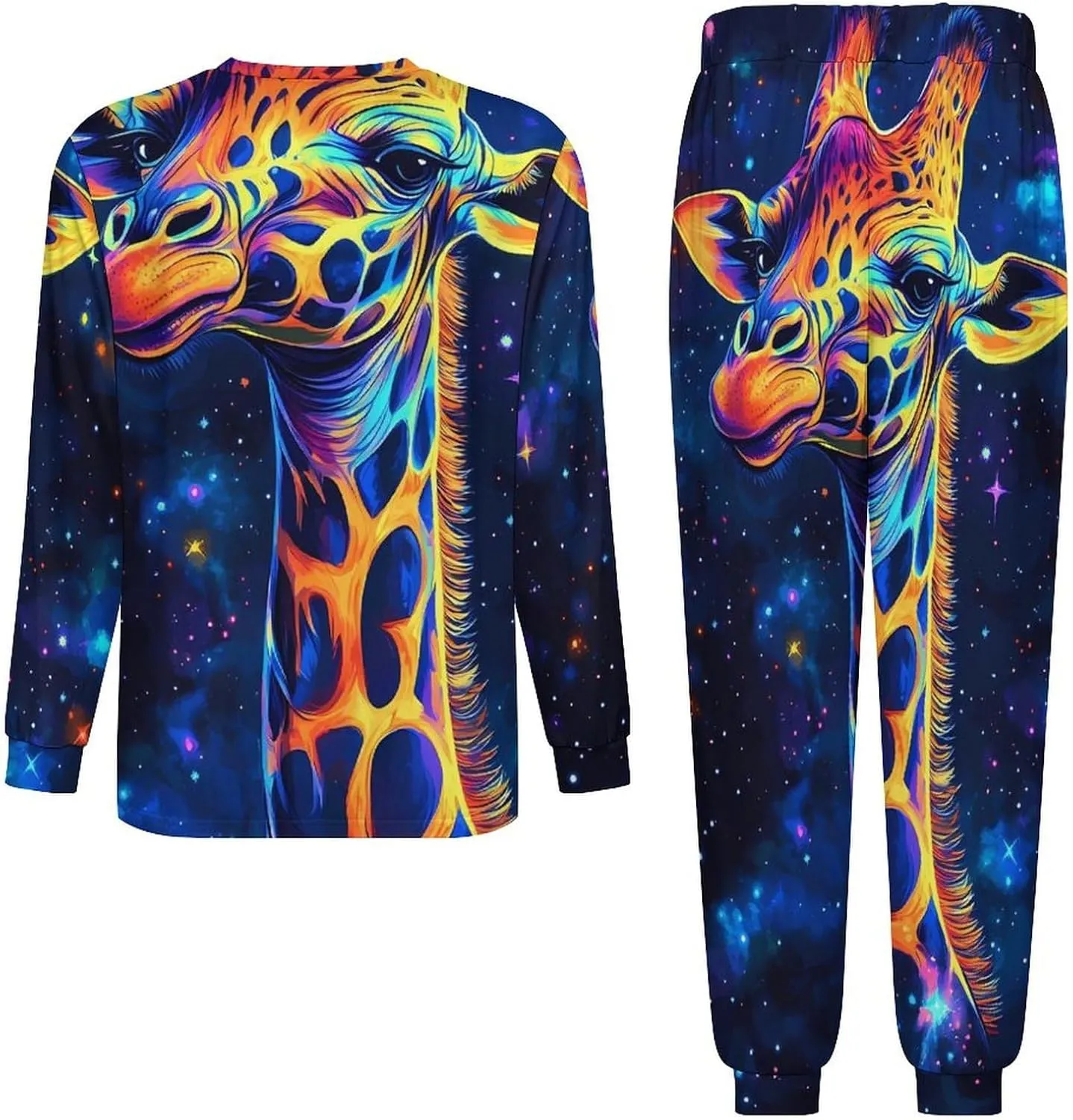 Galaxy Giraffe God Men's Pajamas Set Crew Neck Sleepwear Sets Top And Bottom Pjs Set Long Sleeve Loungewear