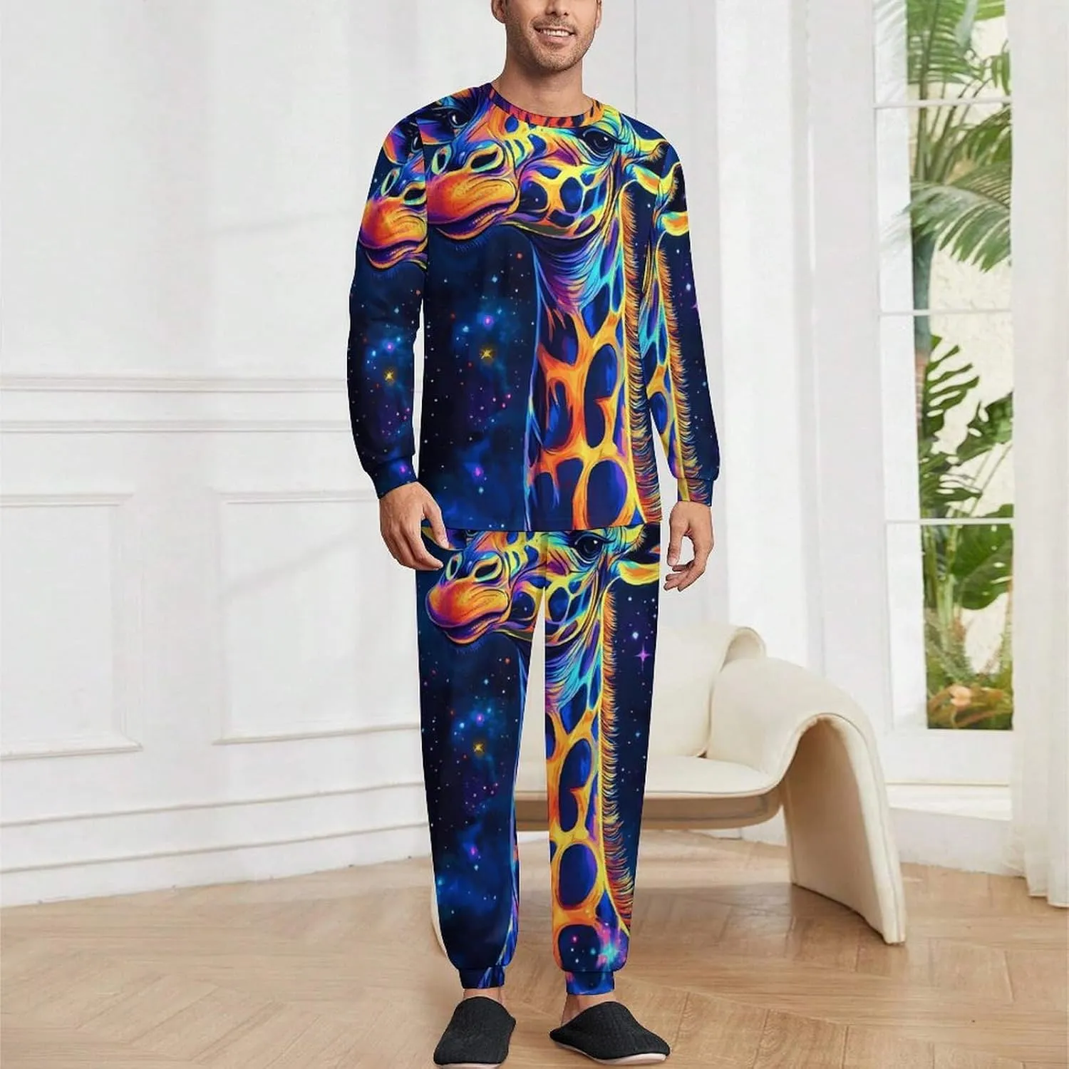 Galaxy Giraffe God Men's Pajamas Set Crew Neck Sleepwear Sets Top And Bottom Pjs Set Long Sleeve Loungewear