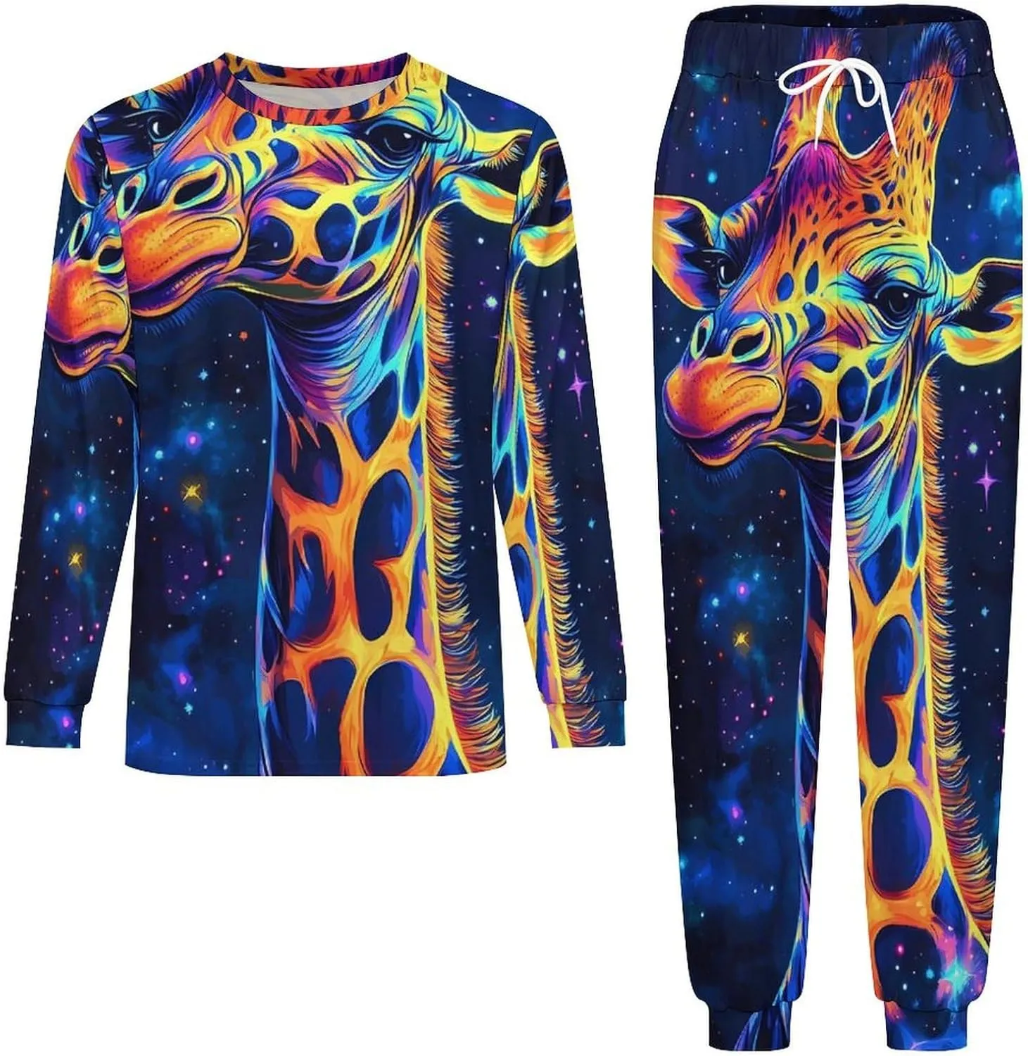 Galaxy Giraffe God Men's Pajamas Set Crew Neck Sleepwear Sets Top And Bottom Pjs Set Long Sleeve Loungewear
