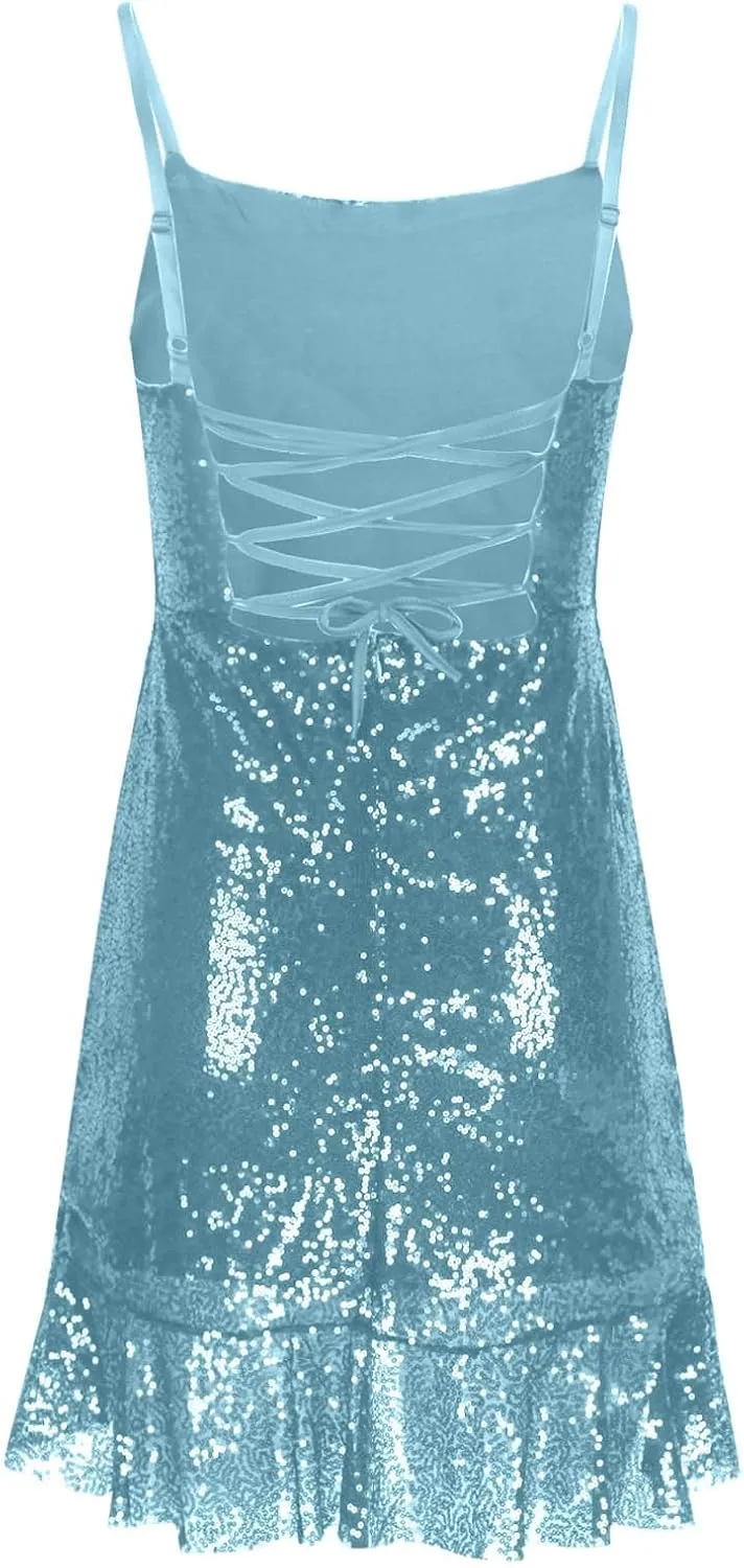 Going Out Dresses for Women Cute Sexy Sparkly Sequin Ruffle Mini Dress Fashion Spaghetti Strap Split Bodycon Dresses
