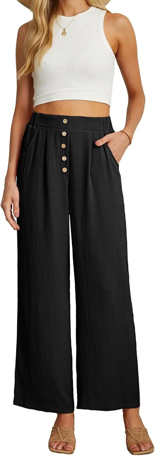 GRECERELLE Women Palazzo Pants Wide Leg Flowy Pants High Waist Casual Button Long Lounge Pant Trousers with Pocket
