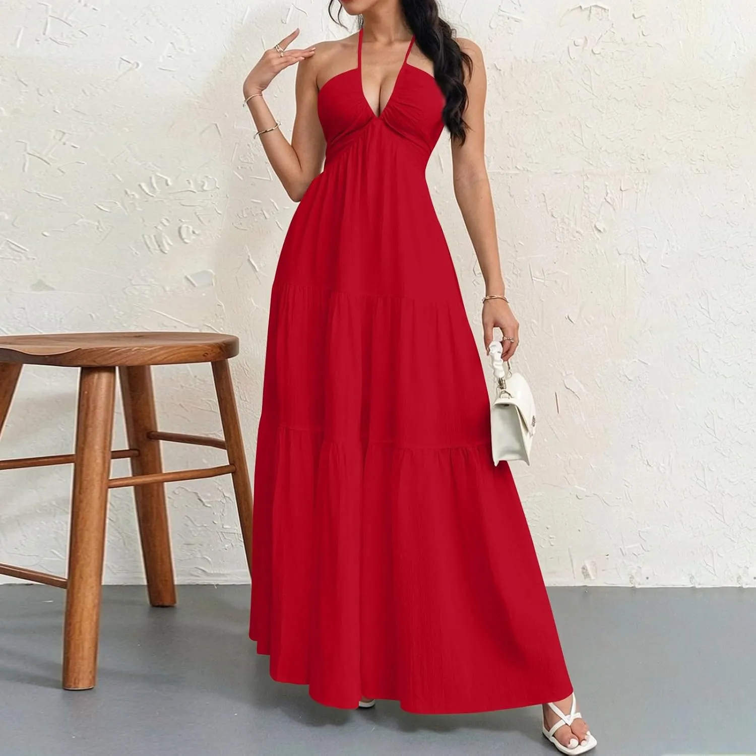 Halter Maxi Dresses for Women 2025 Elegant V Neck Spaghetti Strap Dress Casual Boho Tiered Hem a Line Corset Sundress