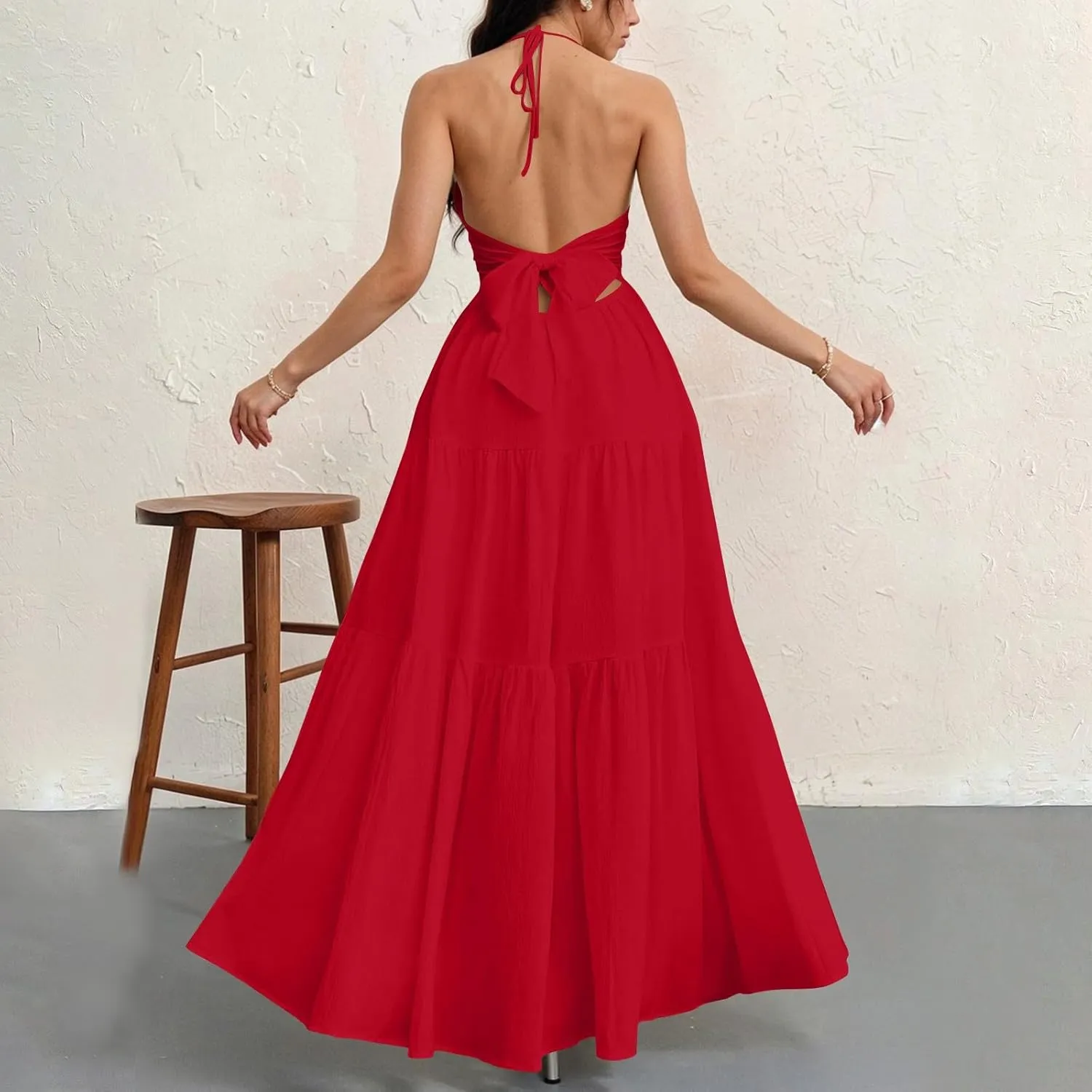 Halter Maxi Dresses for Women 2025 Elegant V Neck Spaghetti Strap Dress Casual Boho Tiered Hem a Line Corset Sundress