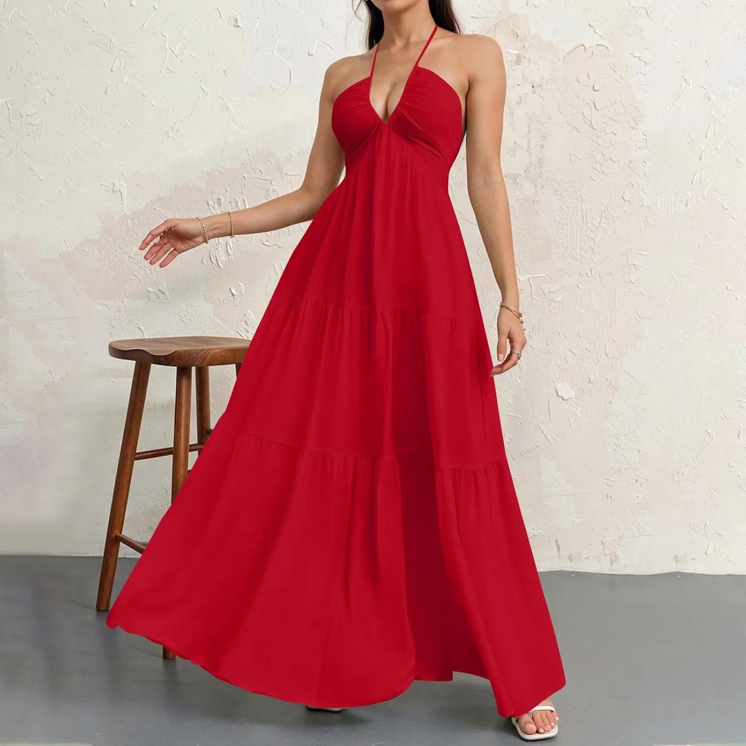 Halter Maxi Dresses for Women 2025 Elegant V Neck Spaghetti Strap Dress Casual Boho Tiered Hem a Line Corset Sundress