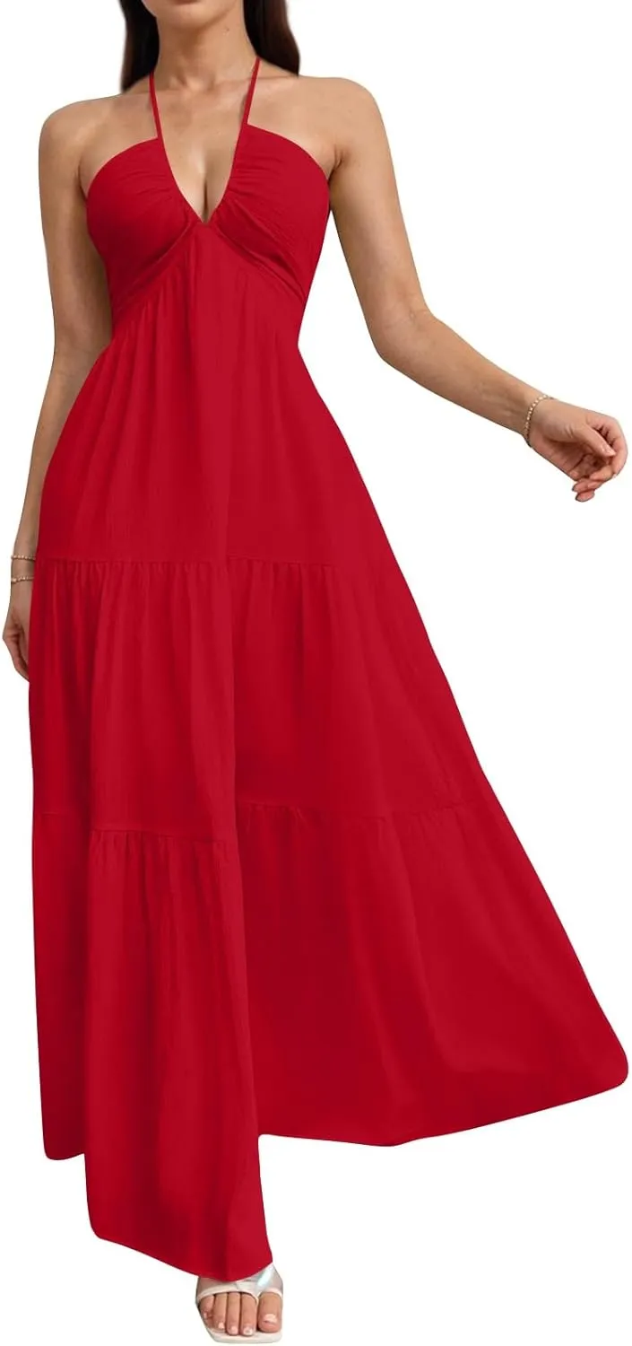 Halter Maxi Dresses for Women 2025 Elegant V Neck Spaghetti Strap Dress Casual Boho Tiered Hem a Line Corset Sundress