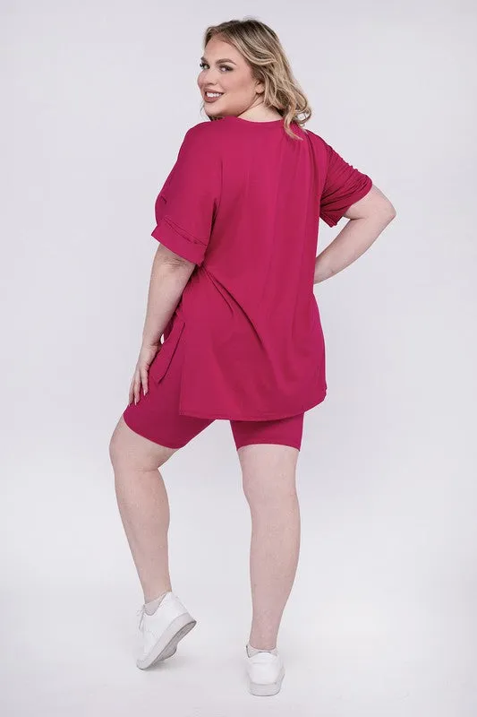 Hi Curvy Plus Size Women Brushed DTY Microfiber V-neck Top & Biker