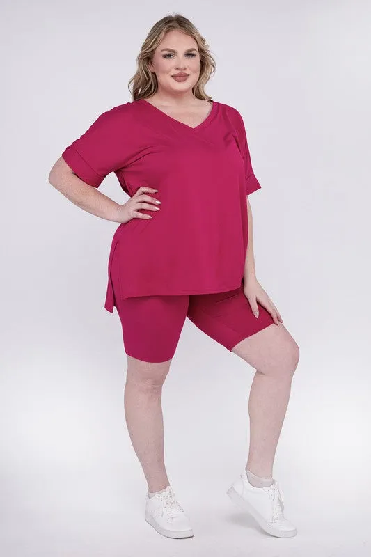 Hi Curvy Plus Size Women Brushed DTY Microfiber V-neck Top & Biker