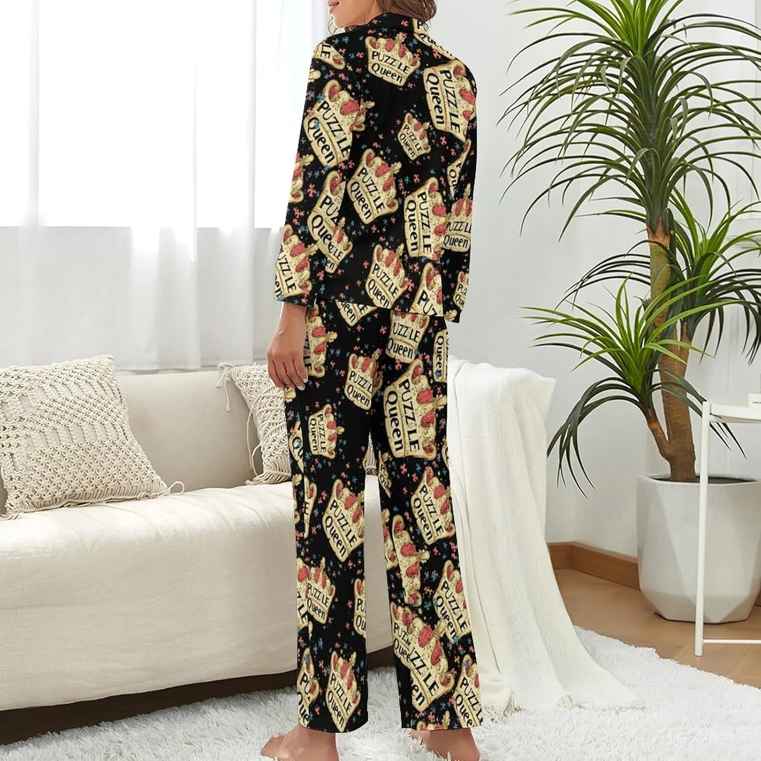 Jigsaw Puzzle Queen Womens Pajama Sets Button Down Sleepwear 2 Piece PJ Sets Loungewear Sets Night Suit with Pocket