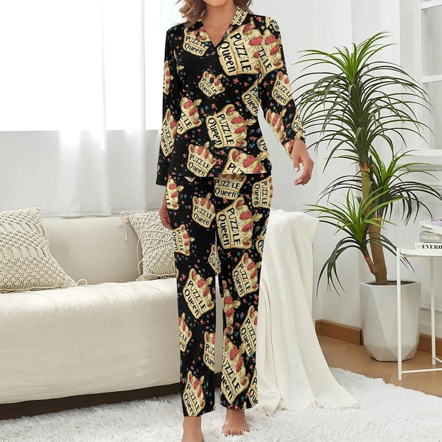 Jigsaw Puzzle Queen Womens Pajama Sets Button Down Sleepwear 2 Piece PJ Sets Loungewear Sets Night Suit with Pocket