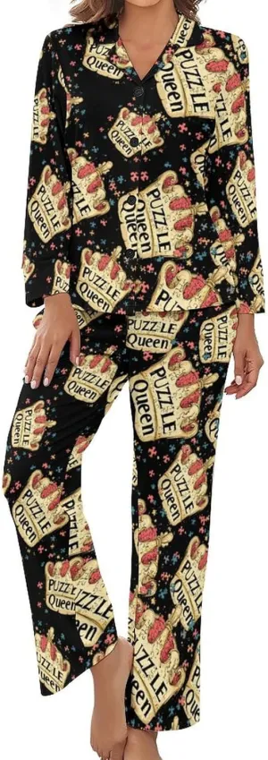 Jigsaw Puzzle Queen Womens Pajama Sets Button Down Sleepwear 2 Piece PJ Sets Loungewear Sets Night Suit with Pocket