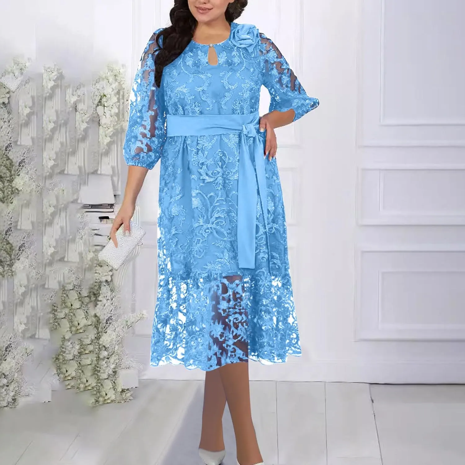 JOAU Bridesmaid Dress for Women Plus Size Floral Lace Spliced Midi Dresses 3/4 Puff Sleeve Belted Formal Cocktail Party Dress