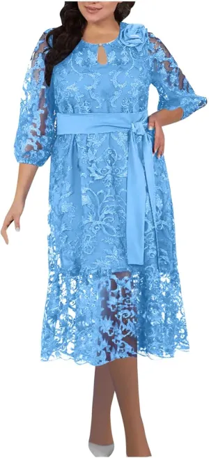JOAU Bridesmaid Dress for Women Plus Size Floral Lace Spliced Midi Dresses 3/4 Puff Sleeve Belted Formal Cocktail Party Dress