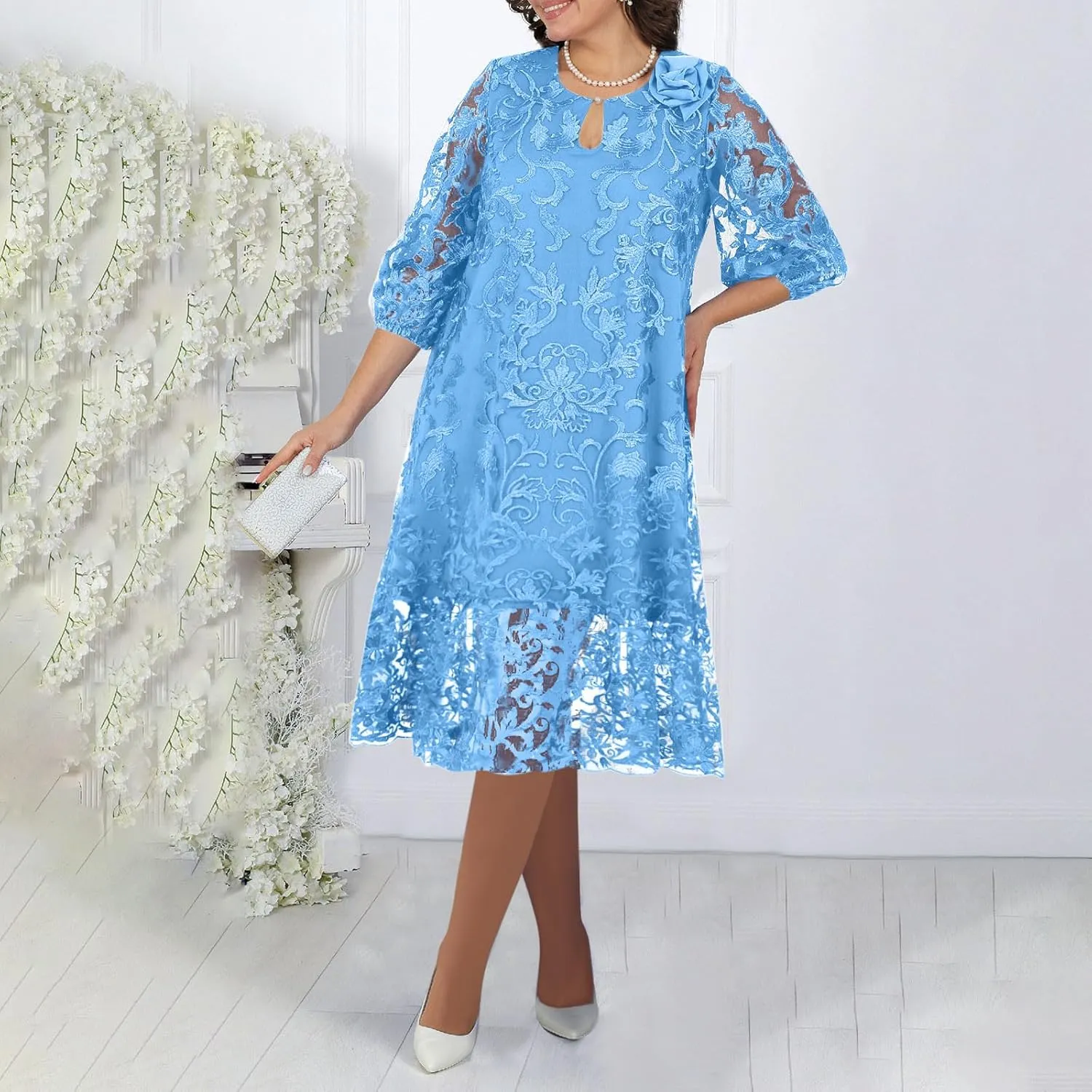 JOAU Bridesmaid Dress for Women Plus Size Floral Lace Spliced Midi Dresses 3/4 Puff Sleeve Belted Formal Cocktail Party Dress