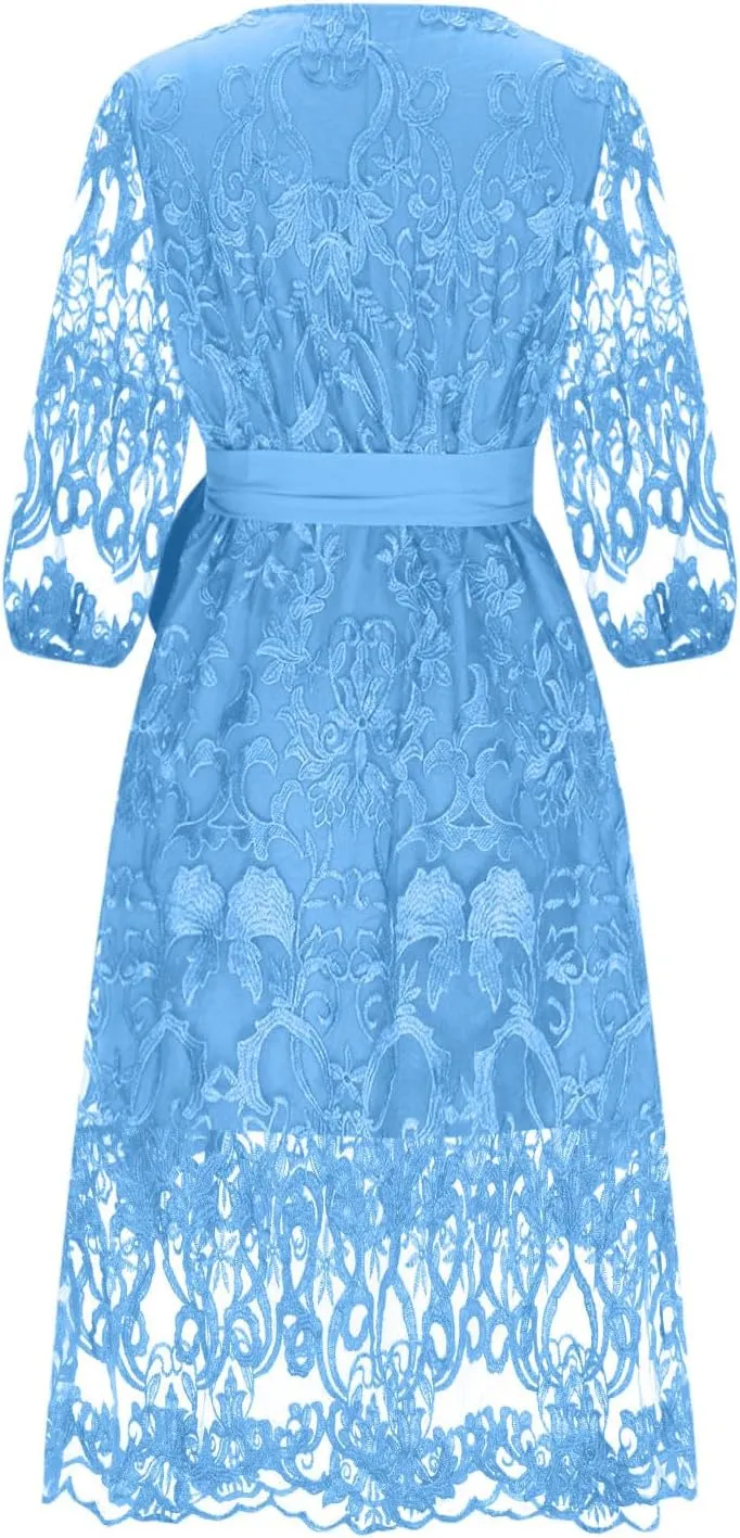 JOAU Bridesmaid Dress for Women Plus Size Floral Lace Spliced Midi Dresses 3/4 Puff Sleeve Belted Formal Cocktail Party Dress
