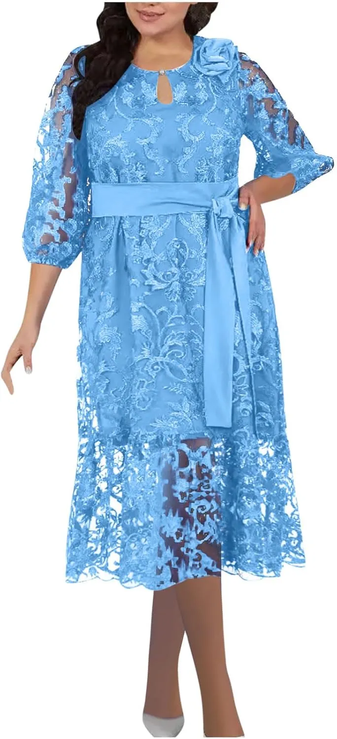JOAU Bridesmaid Dress for Women Plus Size Floral Lace Spliced Midi Dresses 3/4 Puff Sleeve Belted Formal Cocktail Party Dress