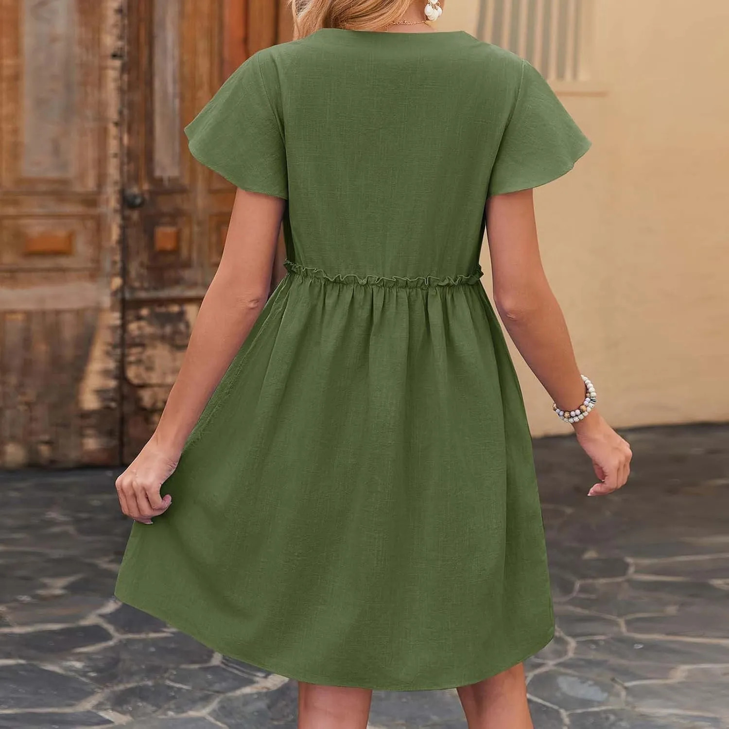 JOAU Women Button Up Shirt Dress 2025 Loose Summer V Neck Flutter Sleeve Dresses Ruffle Elastic Waist Casual Mini Tunic Dress