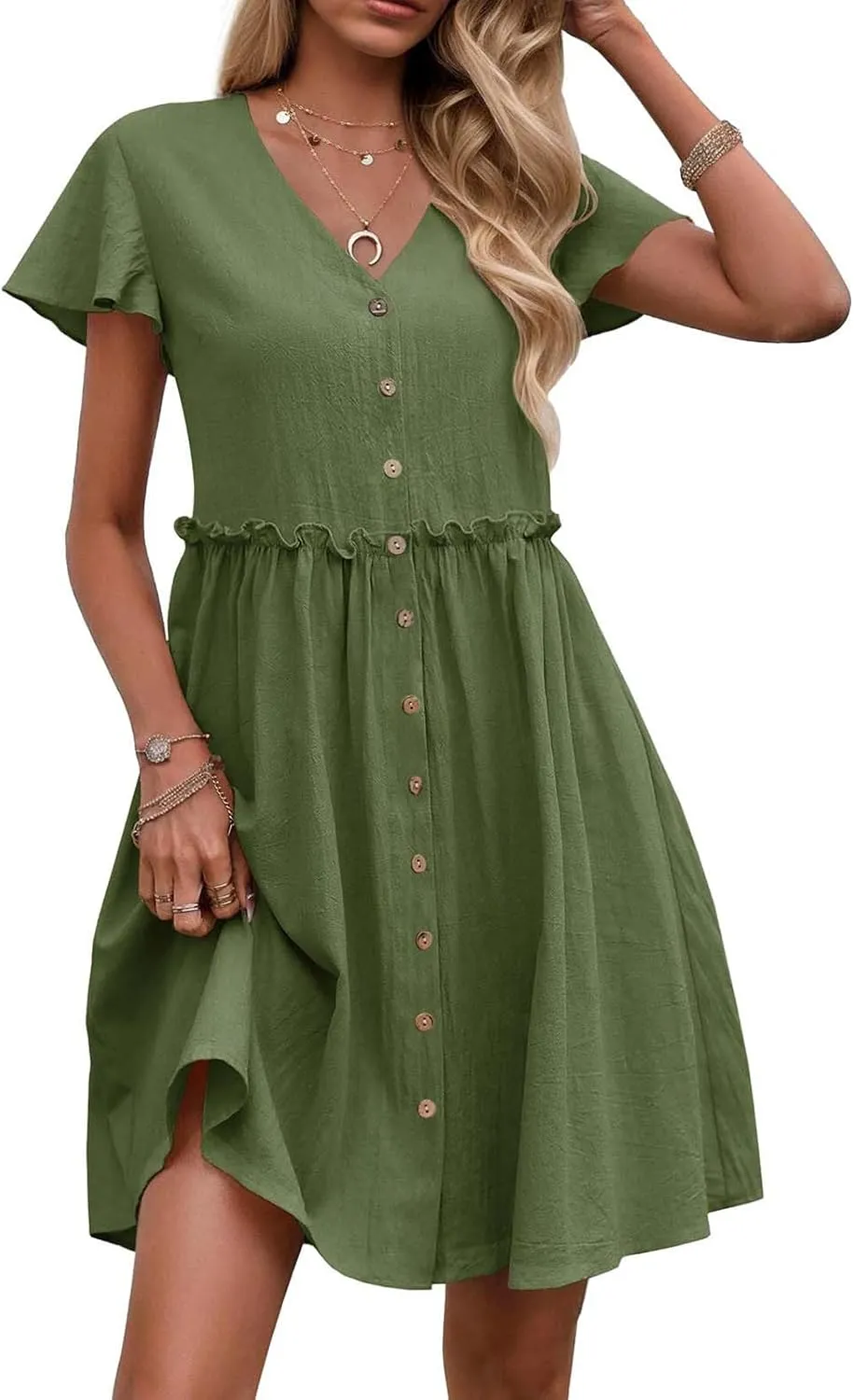 JOAU Women Button Up Shirt Dress 2025 Loose Summer V Neck Flutter Sleeve Dresses Ruffle Elastic Waist Casual Mini Tunic Dress