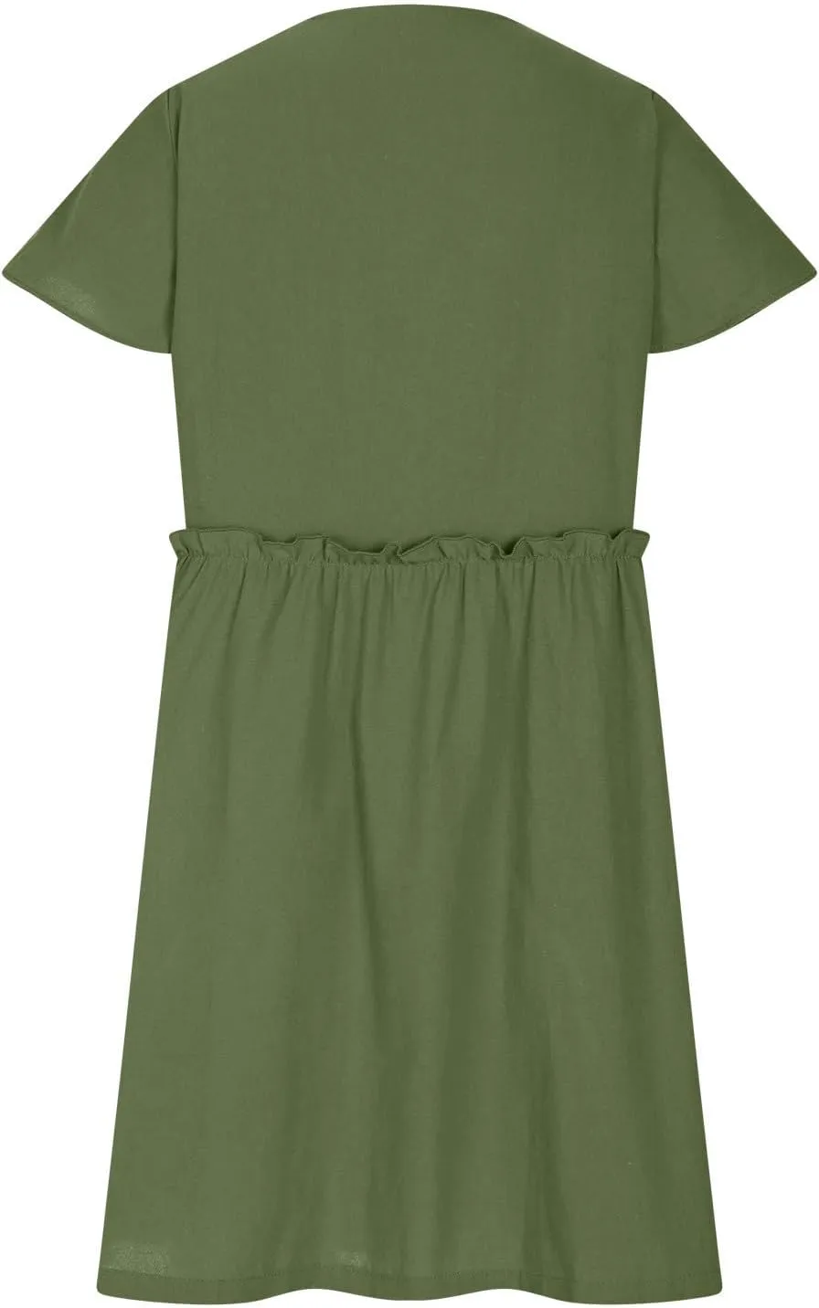 JOAU Women Button Up Shirt Dress 2025 Loose Summer V Neck Flutter Sleeve Dresses Ruffle Elastic Waist Casual Mini Tunic Dress