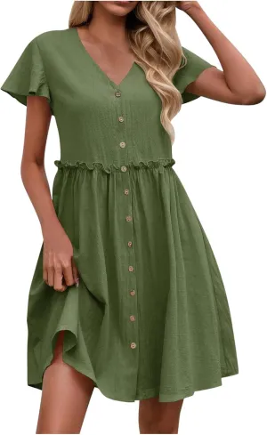 JOAU Women Button Up Shirt Dress 2025 Loose Summer V Neck Flutter Sleeve Dresses Ruffle Elastic Waist Casual Mini Tunic Dress
