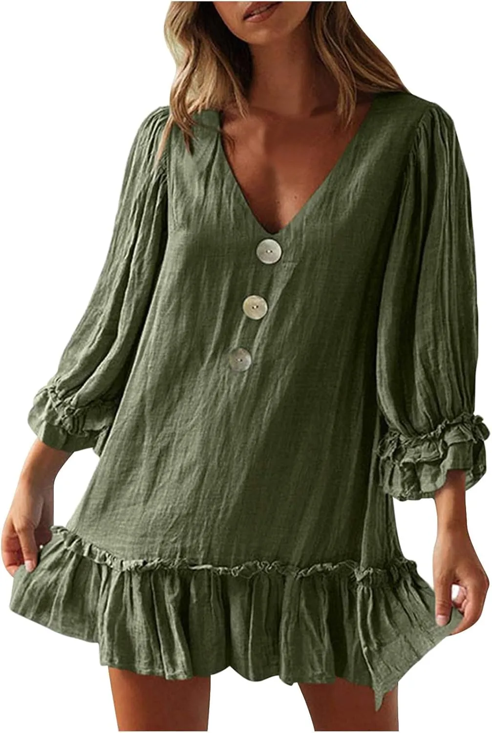 JOAU Women's 2024 Summer Mini Dress Casual V Neck 3/4 Puff Sleeve Button Dresses Loose Flowy Tiered Ruffle Hem Pleated Dress