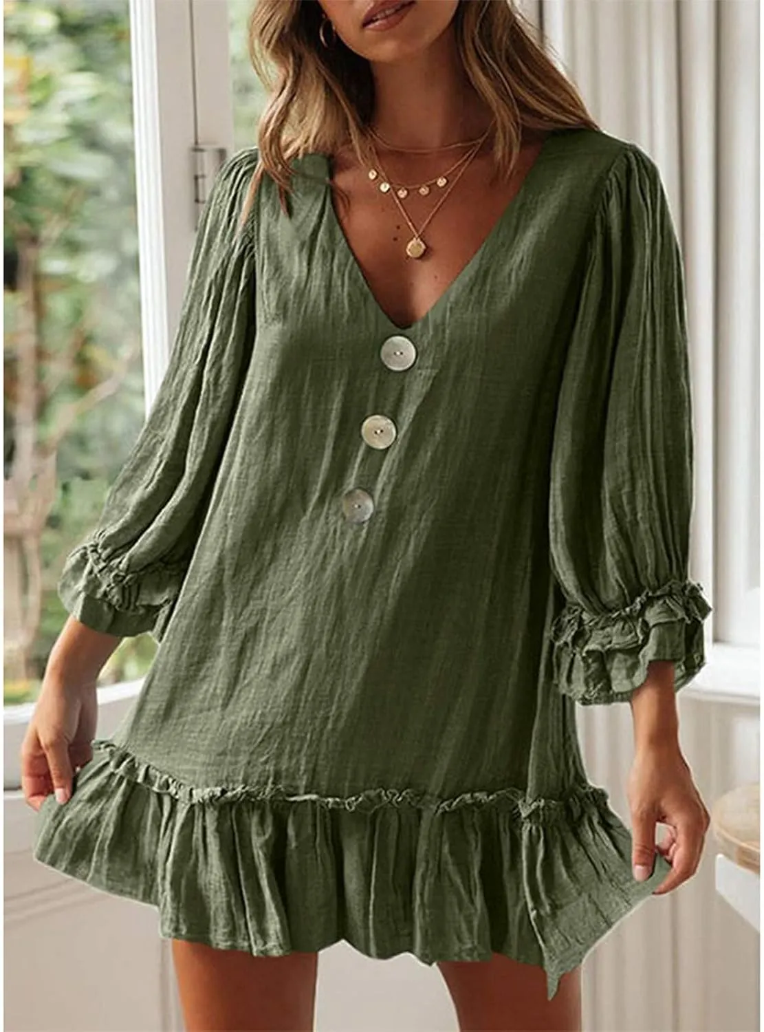 JOAU Women's 2024 Summer Mini Dress Casual V Neck 3/4 Puff Sleeve Button Dresses Loose Flowy Tiered Ruffle Hem Pleated Dress