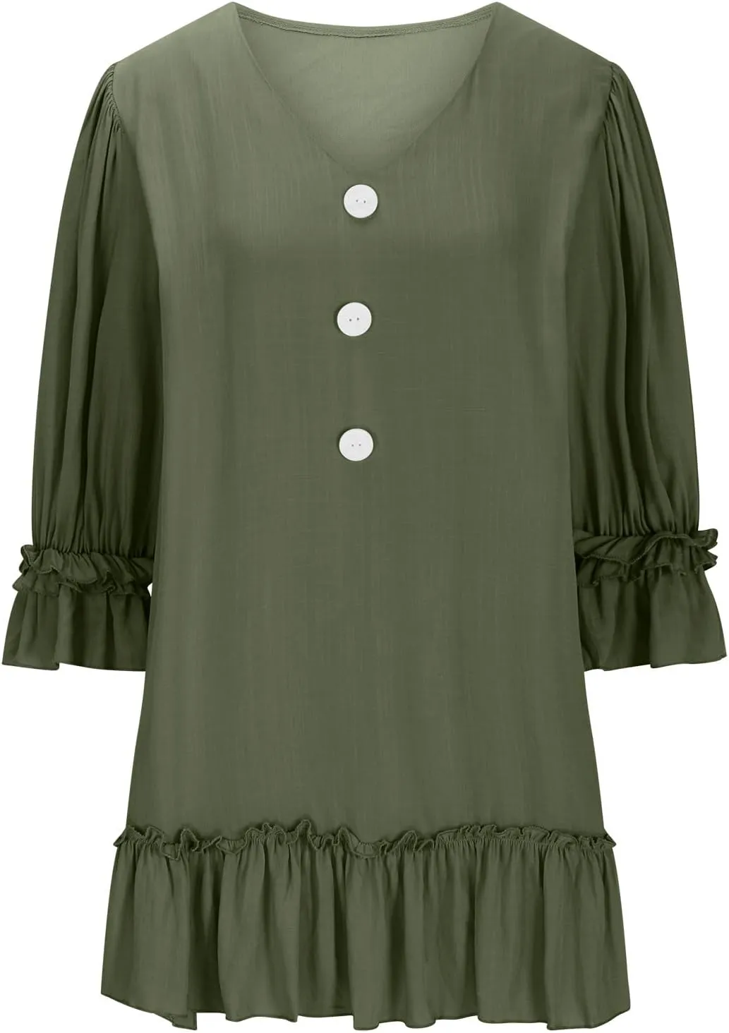 JOAU Women's 2024 Summer Mini Dress Casual V Neck 3/4 Puff Sleeve Button Dresses Loose Flowy Tiered Ruffle Hem Pleated Dress