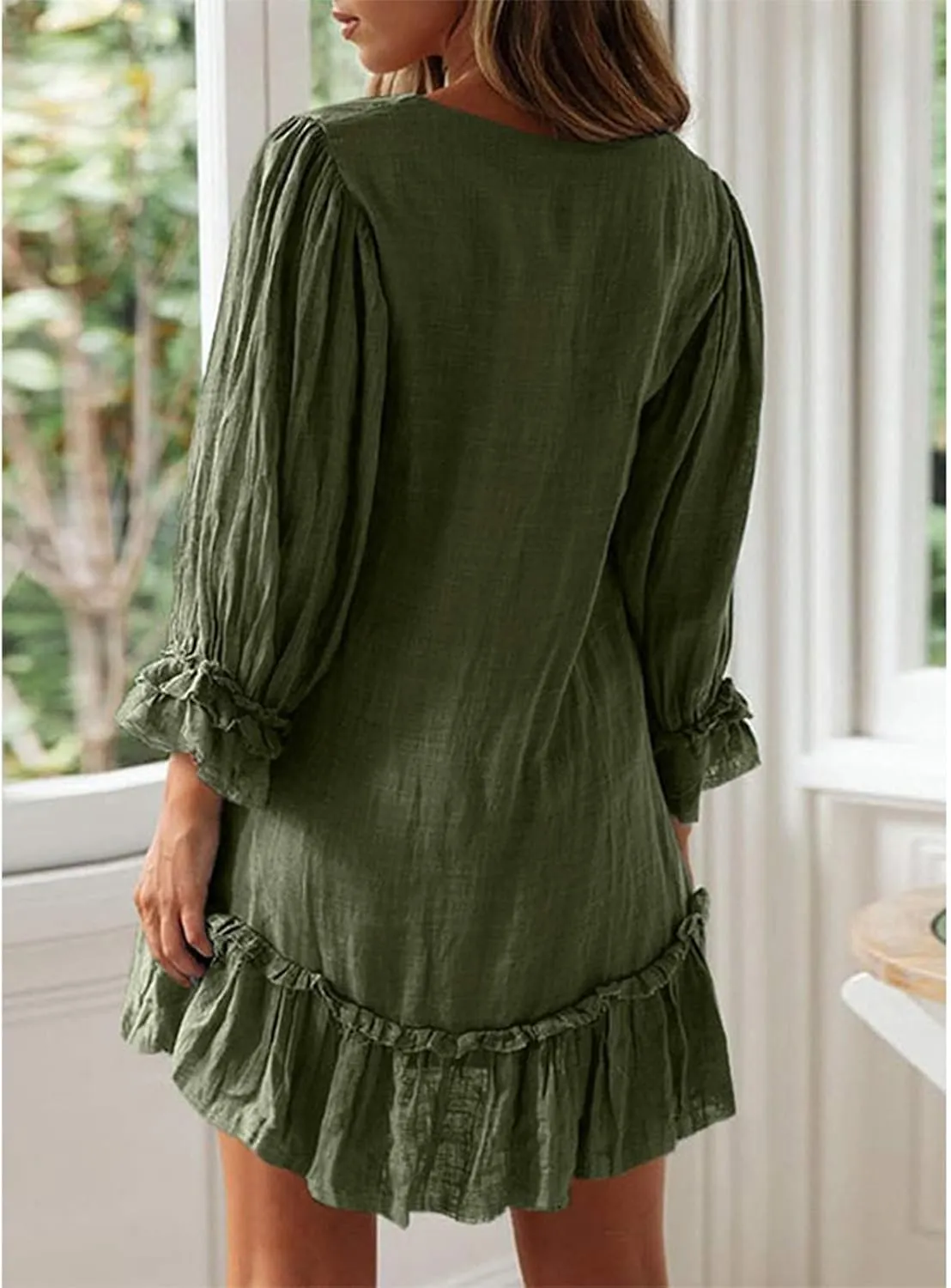 JOAU Women's 2024 Summer Mini Dress Casual V Neck 3/4 Puff Sleeve Button Dresses Loose Flowy Tiered Ruffle Hem Pleated Dress
