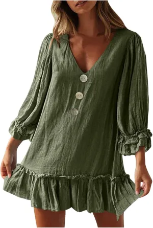 JOAU Women's 2024 Summer Mini Dress Casual V Neck 3/4 Puff Sleeve Button Dresses Loose Flowy Tiered Ruffle Hem Pleated Dress