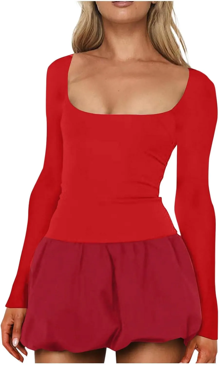 JOAU Women's Bodycon Mini Dress Square Neck Long Sleeve Bubble Dresses Y2K Cute Babydoll Pleated Ruffle Going Out Dress