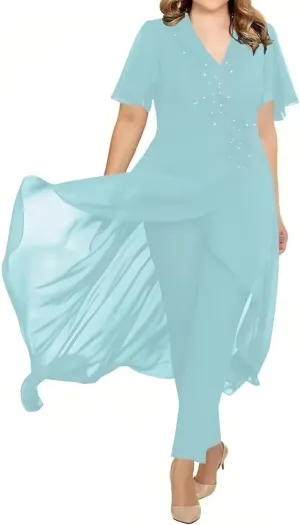 Lace Chiffon Mother of The Bride Pantsuits 2 Pieces Formal Pants Suits V Neck Mother of The Bride Dress