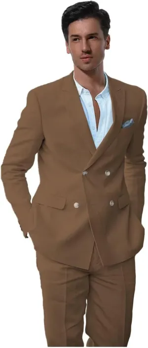 Linen Suits for Men Summer Regular Fit Double Breasted Tuxedos Casual Peak Lapel Blazer Pants for Business Wedding