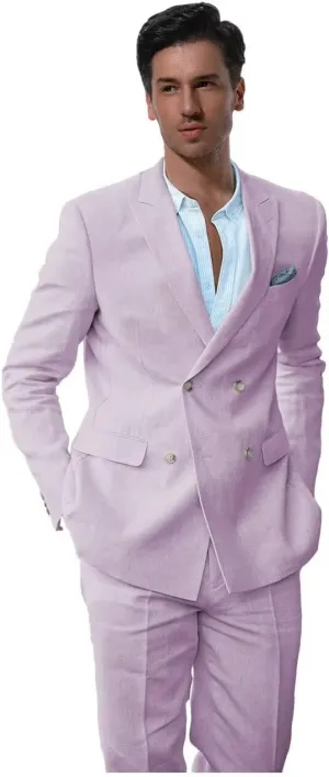 Linen Suits for Men Summer Regular Fit Double Breasted Tuxedos Casual Peak Lapel Blazer Pants for Business Wedding